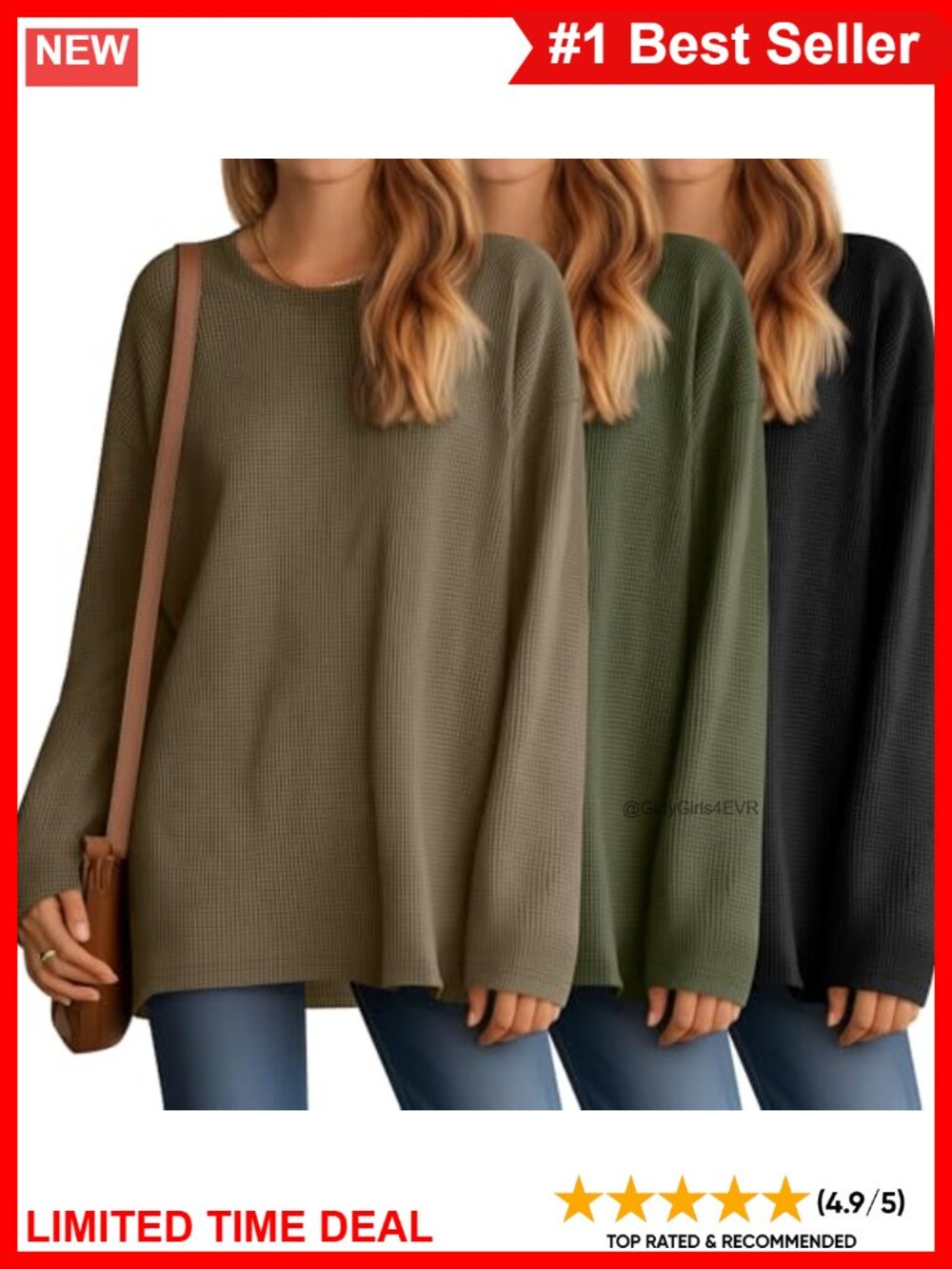 3 Pack Women Oversized Waffle Knit Long Sleeve T-Shirt Crewneck Pullover